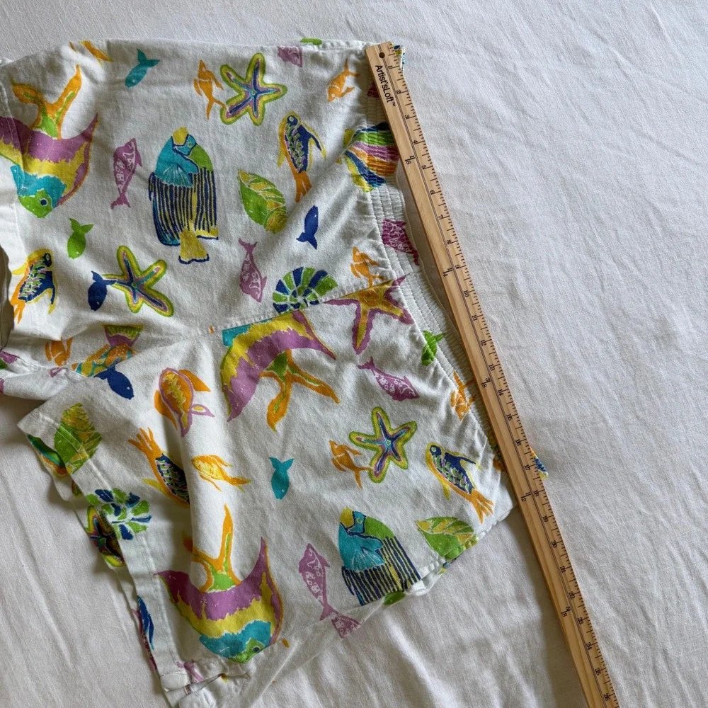 80's Cotton Connection Tropical Fish Set White Short Sleeve Shorts Womens M